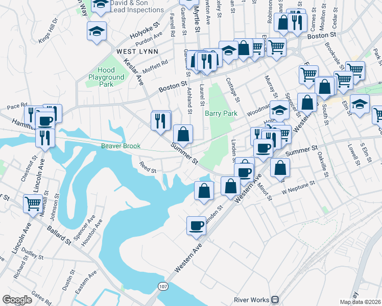 map of restaurants, bars, coffee shops, grocery stores, and more near 1 Border Street in Lynn