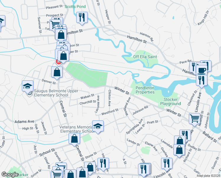 map of restaurants, bars, coffee shops, grocery stores, and more near 2 Clinton Avenue in Saugus