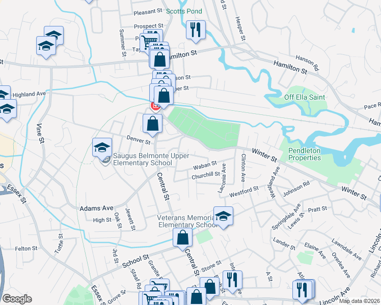 map of restaurants, bars, coffee shops, grocery stores, and more near 19 Pinecrest Avenue in Saugus