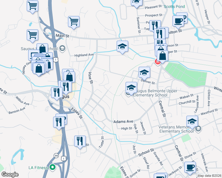 map of restaurants, bars, coffee shops, grocery stores, and more near 20 Rice Street in Saugus
