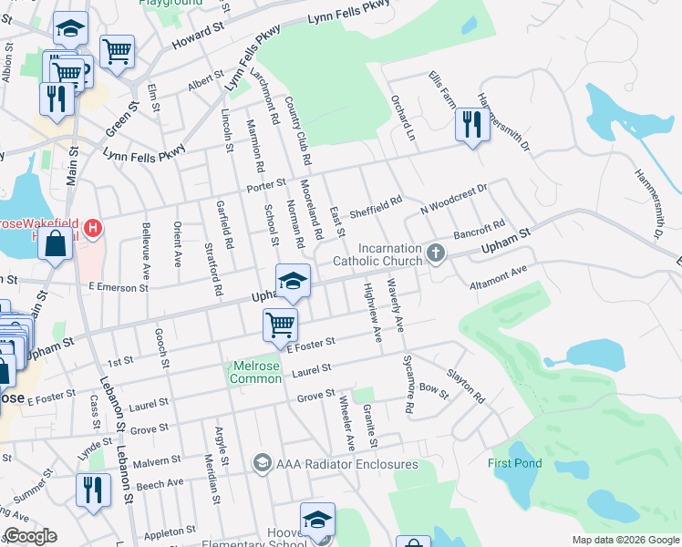 map of restaurants, bars, coffee shops, grocery stores, and more near 332 Upham Street in Melrose