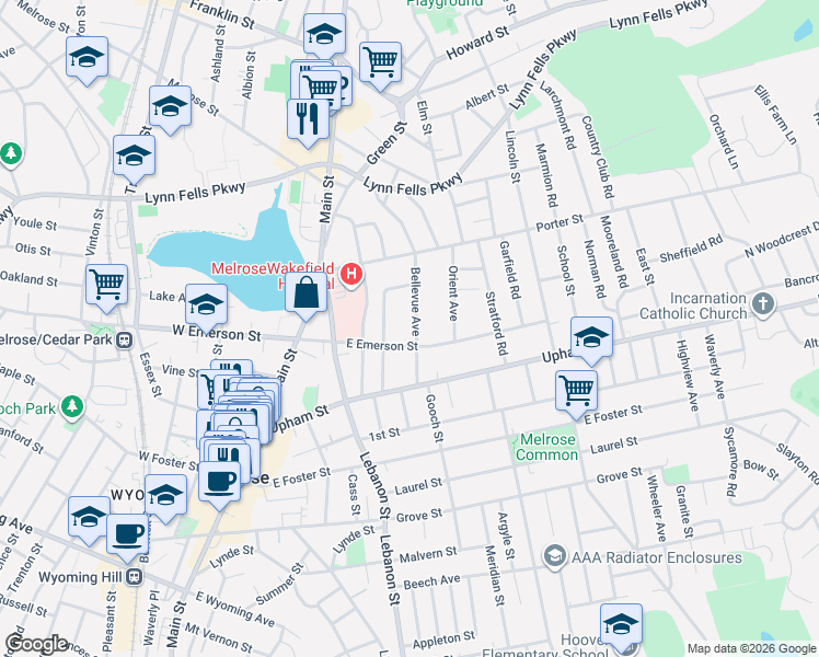 map of restaurants, bars, coffee shops, grocery stores, and more near 41 Bellevue Avenue in Melrose