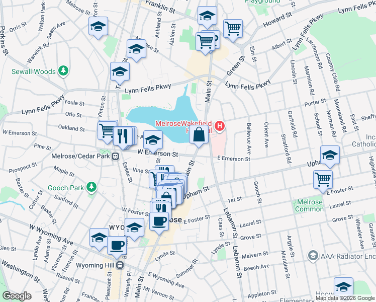 map of restaurants, bars, coffee shops, grocery stores, and more near 21 West Emerson Street in Melrose