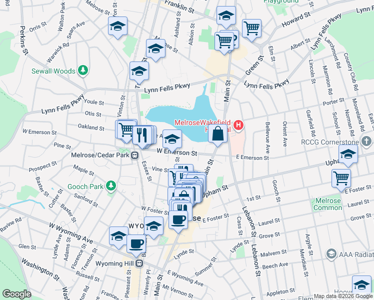 map of restaurants, bars, coffee shops, grocery stores, and more near in Melrose