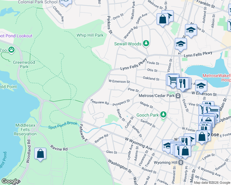 map of restaurants, bars, coffee shops, grocery stores, and more near 33 Standish Road in Melrose