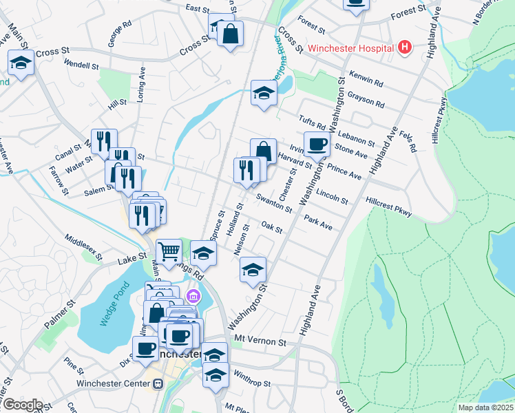 map of restaurants, bars, coffee shops, grocery stores, and more near 46-48 Swanton Street in Winchester