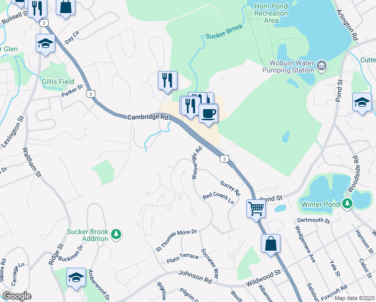 map of restaurants, bars, coffee shops, grocery stores, and more near 416 Cambridge Street in Winchester