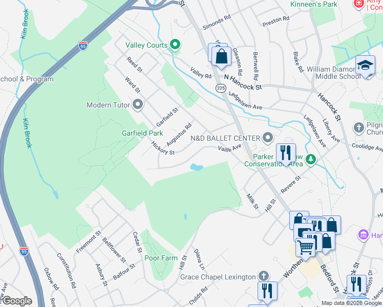 map of restaurants, bars, coffee shops, grocery stores, and more near 32 Vaille Avenue in Lexington