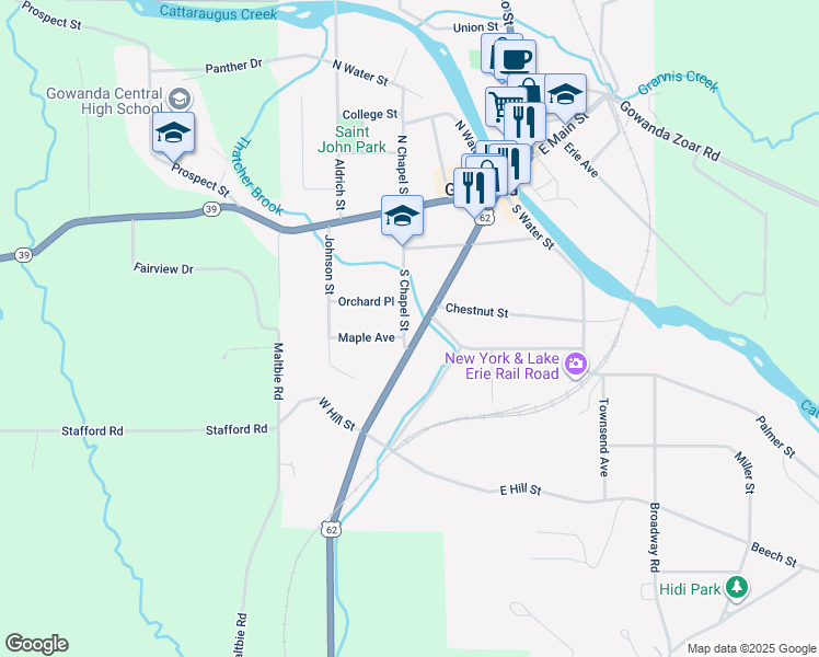 map of restaurants, bars, coffee shops, grocery stores, and more near 15 Maple Avenue in Gowanda