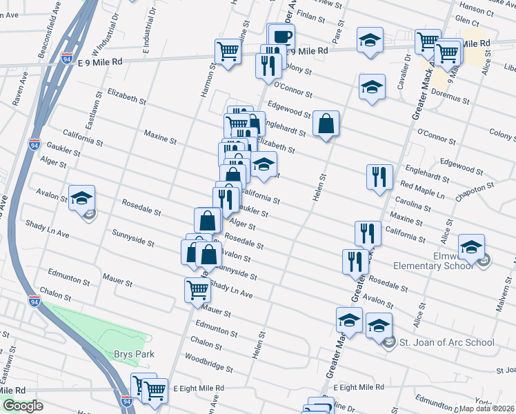 map of restaurants, bars, coffee shops, grocery stores, and more near 21530 Gaukler Street in St. Clair Shores