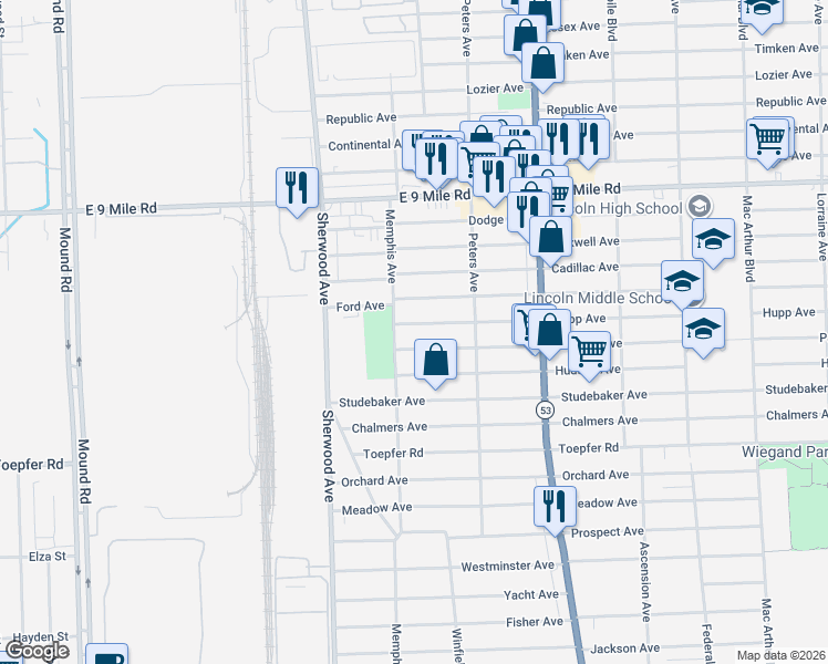 map of restaurants, bars, coffee shops, grocery stores, and more near 7060 Hupp Avenue in Warren