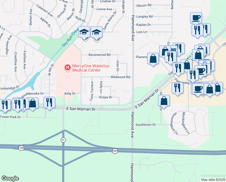 map of restaurants, bars, coffee shops, grocery stores, and more near 3864 Paige Drive in Waterloo