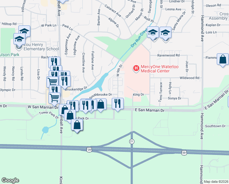 map of restaurants, bars, coffee shops, grocery stores, and more near 359 Southbrooke Drive in Waterloo