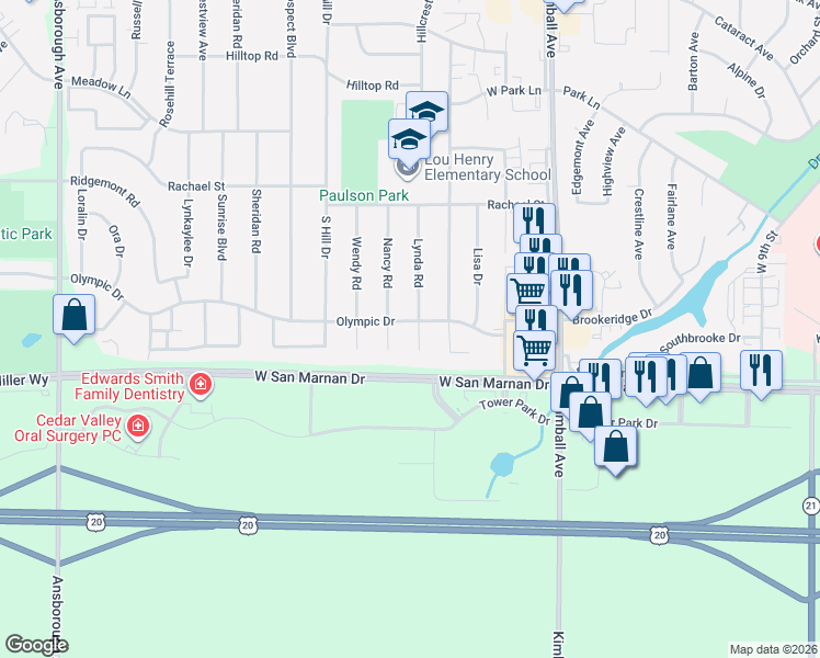 map of restaurants, bars, coffee shops, grocery stores, and more near 415 Olympic Drive in Waterloo