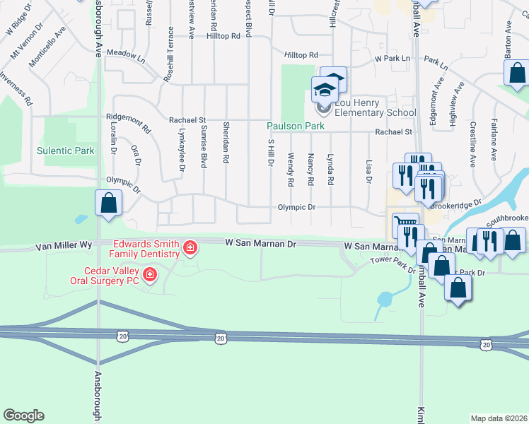 map of restaurants, bars, coffee shops, grocery stores, and more near 507 Olympic Dr in Waterloo