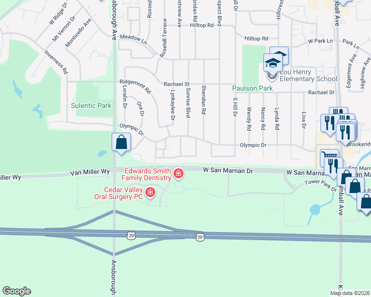 map of restaurants, bars, coffee shops, grocery stores, and more near 1029 Sunrise Blvd in Waterloo