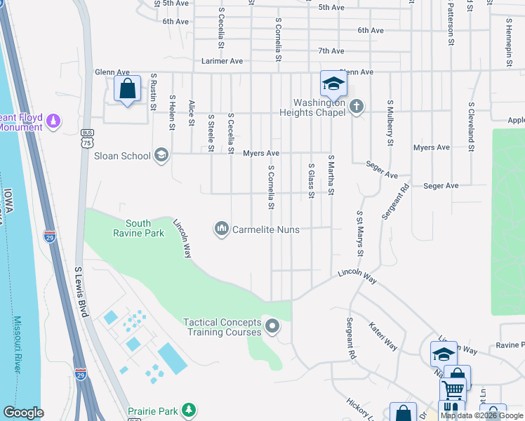 map of restaurants, bars, coffee shops, grocery stores, and more near 2800-2824 South Cornelia Street in Sioux City