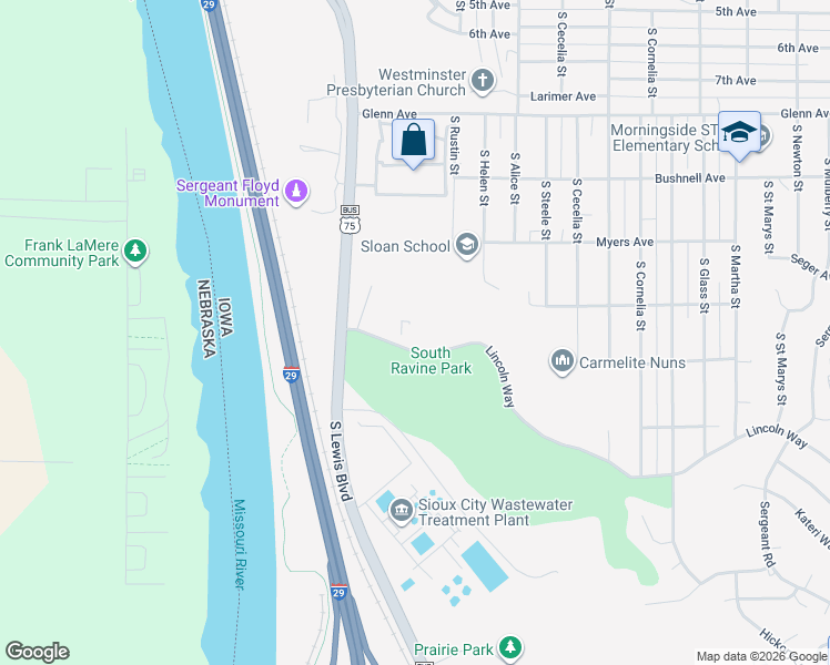 map of restaurants, bars, coffee shops, grocery stores, and more near 2007 Lincoln Way in Sioux City