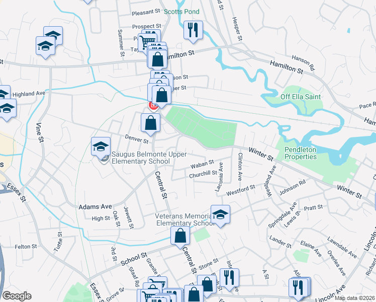 map of restaurants, bars, coffee shops, grocery stores, and more near 19 Pinecrest Avenue in Saugus