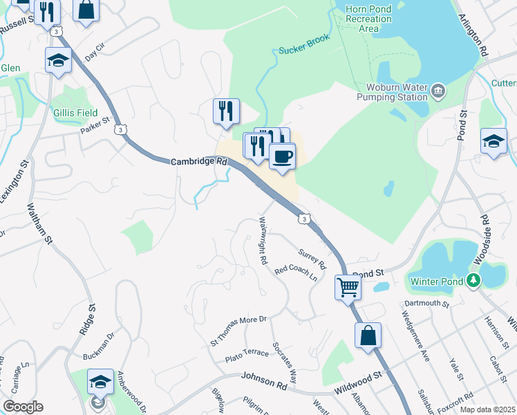 map of restaurants, bars, coffee shops, grocery stores, and more near 416 Cambridge Street in Winchester