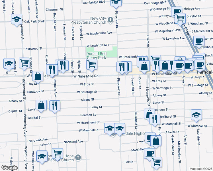 map of restaurants, bars, coffee shops, grocery stores, and more near 1305 West Troy Street in Ferndale