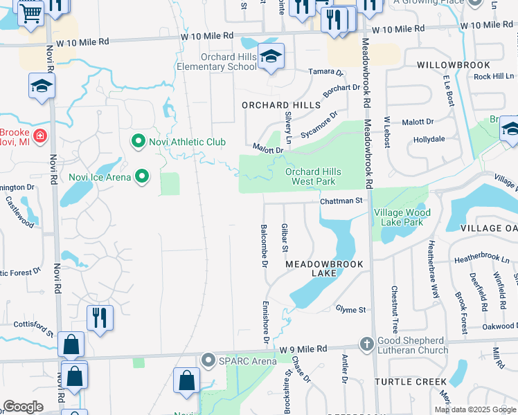 map of restaurants, bars, coffee shops, grocery stores, and more near 23233 Balcombe Drive in Novi