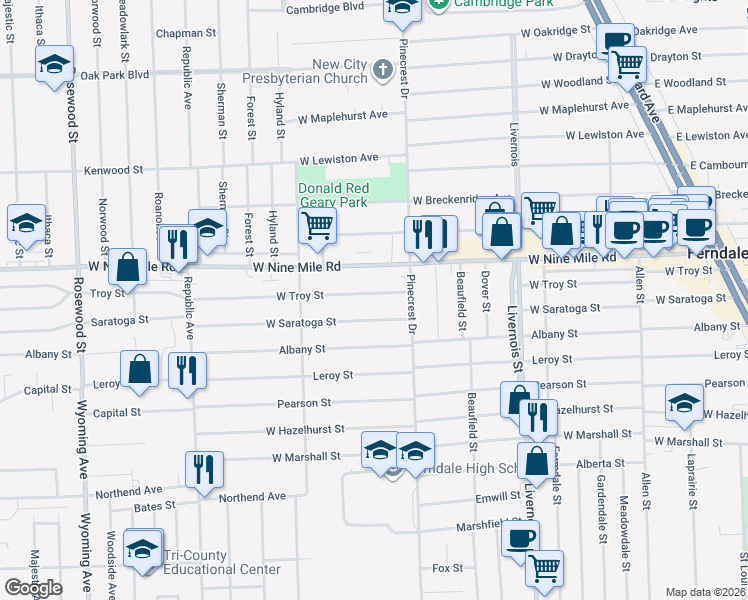 map of restaurants, bars, coffee shops, grocery stores, and more near 1305 West Troy Street in Ferndale