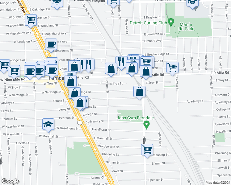 map of restaurants, bars, coffee shops, grocery stores, and more near 552 East Saratoga Street in Ferndale