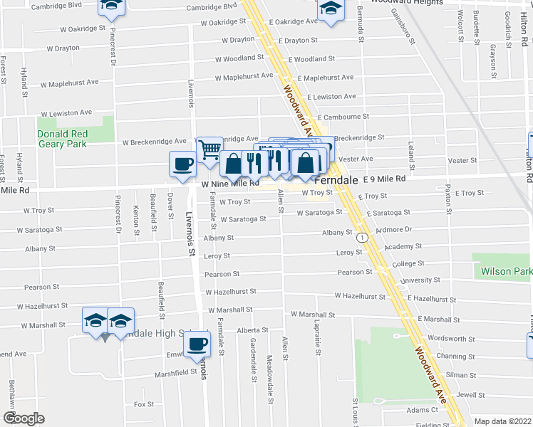 map of restaurants, bars, coffee shops, grocery stores, and more near 444 West Saratoga Street in Ferndale