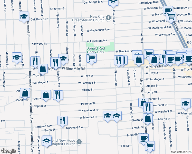 map of restaurants, bars, coffee shops, grocery stores, and more near 1385 West Troy Street in Ferndale