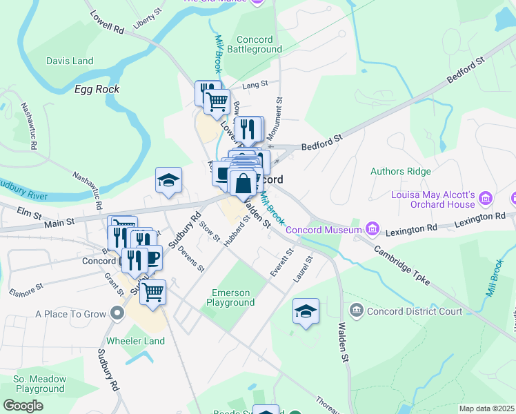 map of restaurants, bars, coffee shops, grocery stores, and more near 51 Walden Street in Concord
