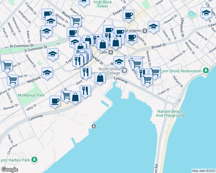 map of restaurants, bars, coffee shops, grocery stores, and more near 254 Lynnway in Lynn