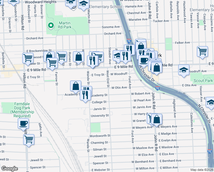 map of restaurants, bars, coffee shops, grocery stores, and more near 2023 Ardmore Drive in Ferndale