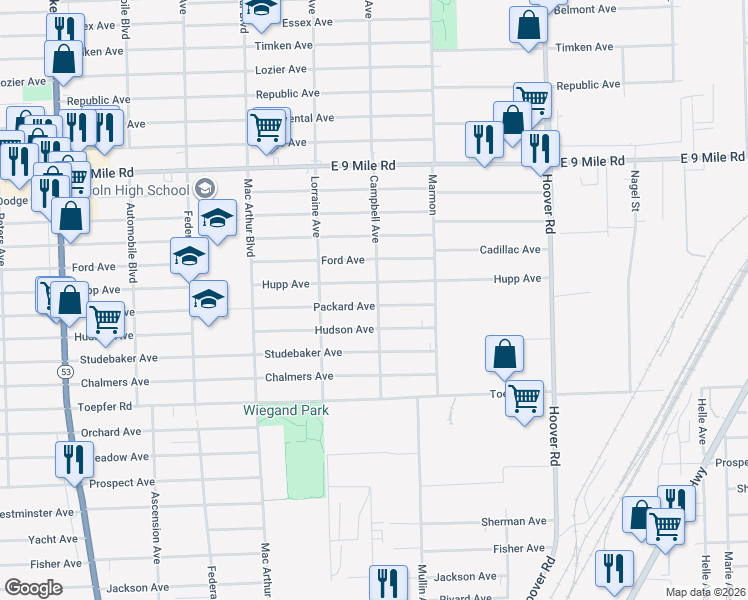 map of restaurants, bars, coffee shops, grocery stores, and more near 11123 Packard Avenue in Warren