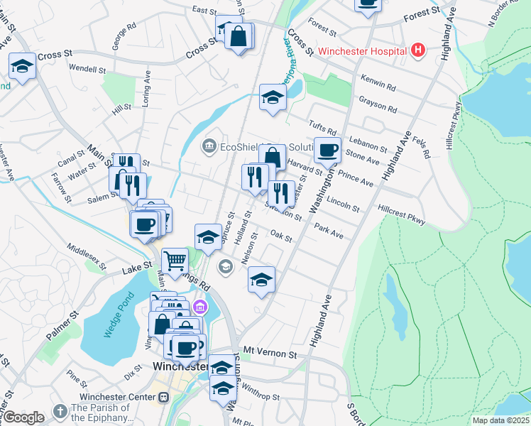 map of restaurants, bars, coffee shops, grocery stores, and more near 46-48 Swanton Street in Winchester