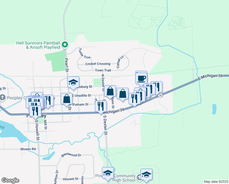 map of restaurants, bars, coffee shops, grocery stores, and more near 320 Mann Street in Pinckney