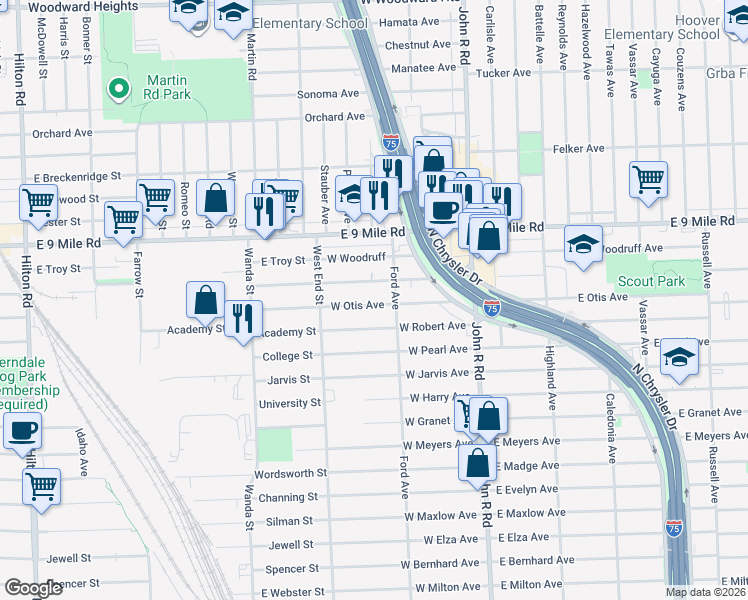 map of restaurants, bars, coffee shops, grocery stores, and more near 307 West Otis Avenue in Hazel Park