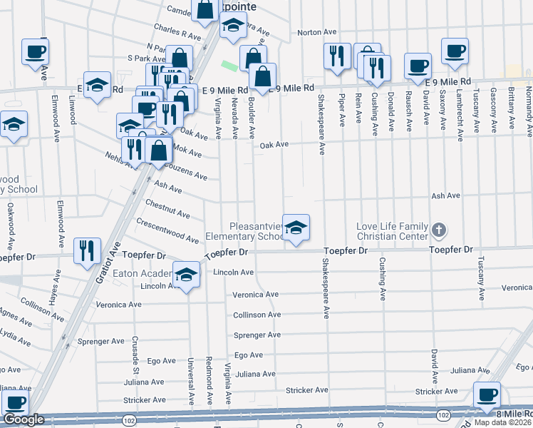 map of restaurants, bars, coffee shops, grocery stores, and more near 21805 Pleasant Avenue in Eastpointe