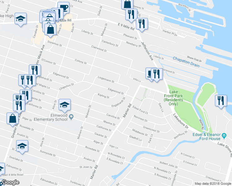 map of restaurants, bars, coffee shops, grocery stores, and more near 23055 Kipling Street in St. Clair Shores