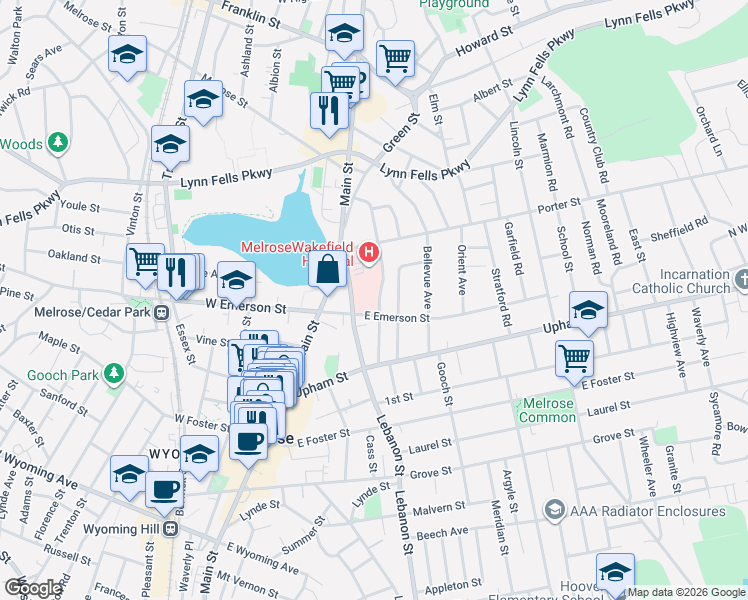 map of restaurants, bars, coffee shops, grocery stores, and more near 50 Rowe Street in Melrose