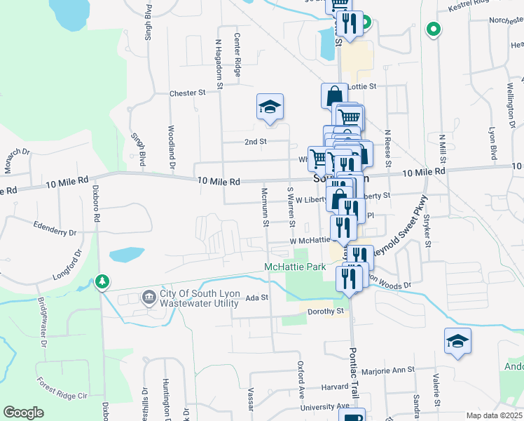 map of restaurants, bars, coffee shops, grocery stores, and more near 411 West Liberty Street in South Lyon