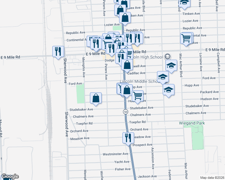 map of restaurants, bars, coffee shops, grocery stores, and more near 22230 Peters Avenue in Warren