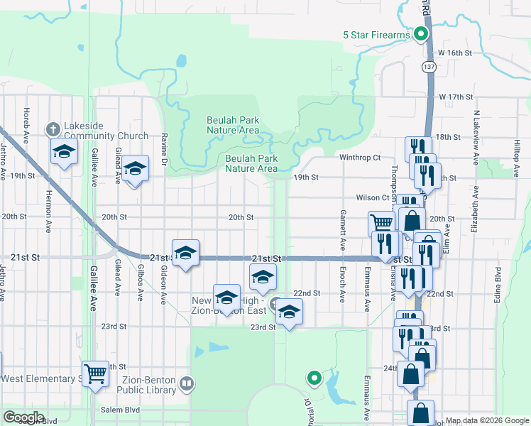 map of restaurants, bars, coffee shops, grocery stores, and more near 1934 Bethesda Boulevard in Zion