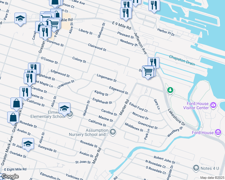 map of restaurants, bars, coffee shops, grocery stores, and more near 23055 Kipling Street in St. Clair Shores