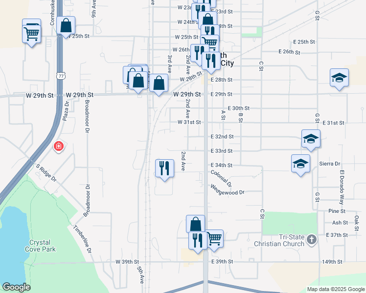 map of restaurants, bars, coffee shops, grocery stores, and more near 301 West 33rd Street in South Sioux City
