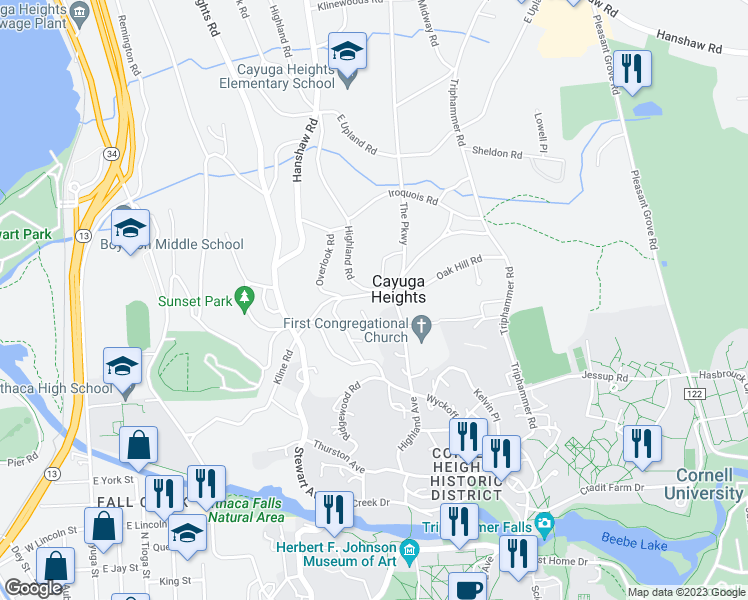 map of restaurants, bars, coffee shops, grocery stores, and more near 511 Kline Rd in Ithaca