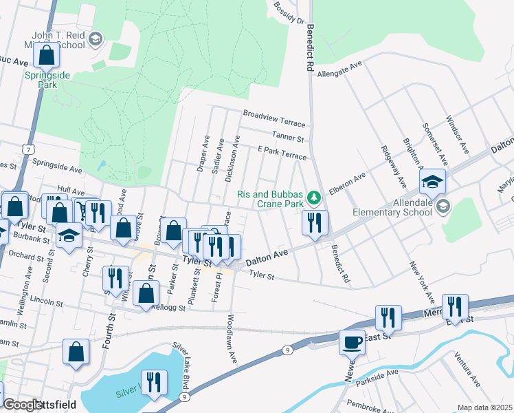 map of restaurants, bars, coffee shops, grocery stores, and more near 210 Woodlawn Avenue in Pittsfield