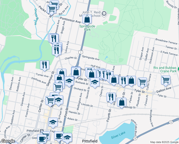 map of restaurants, bars, coffee shops, grocery stores, and more near 26 Pleasure Avenue in Pittsfield