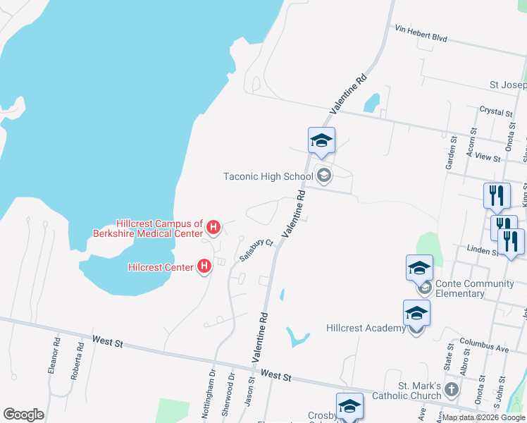 map of restaurants, bars, coffee shops, grocery stores, and more near 169 Valentine Road in Pittsfield