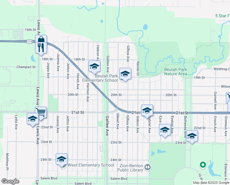 map of restaurants, bars, coffee shops, grocery stores, and more near 2321 20th Street in Zion
